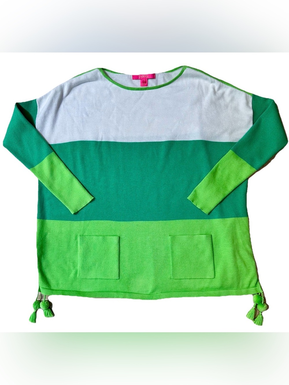 Lilly Pulitzer Westwood Myrtle Green Colorblock Sweater Tassels XS Boxy Preppy